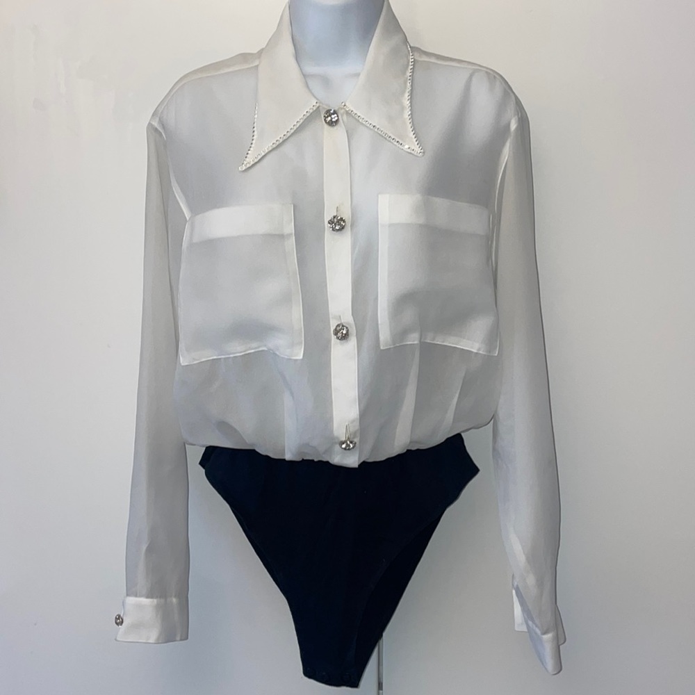 Sheer White Button-Front Women's Blouse Bodysuit